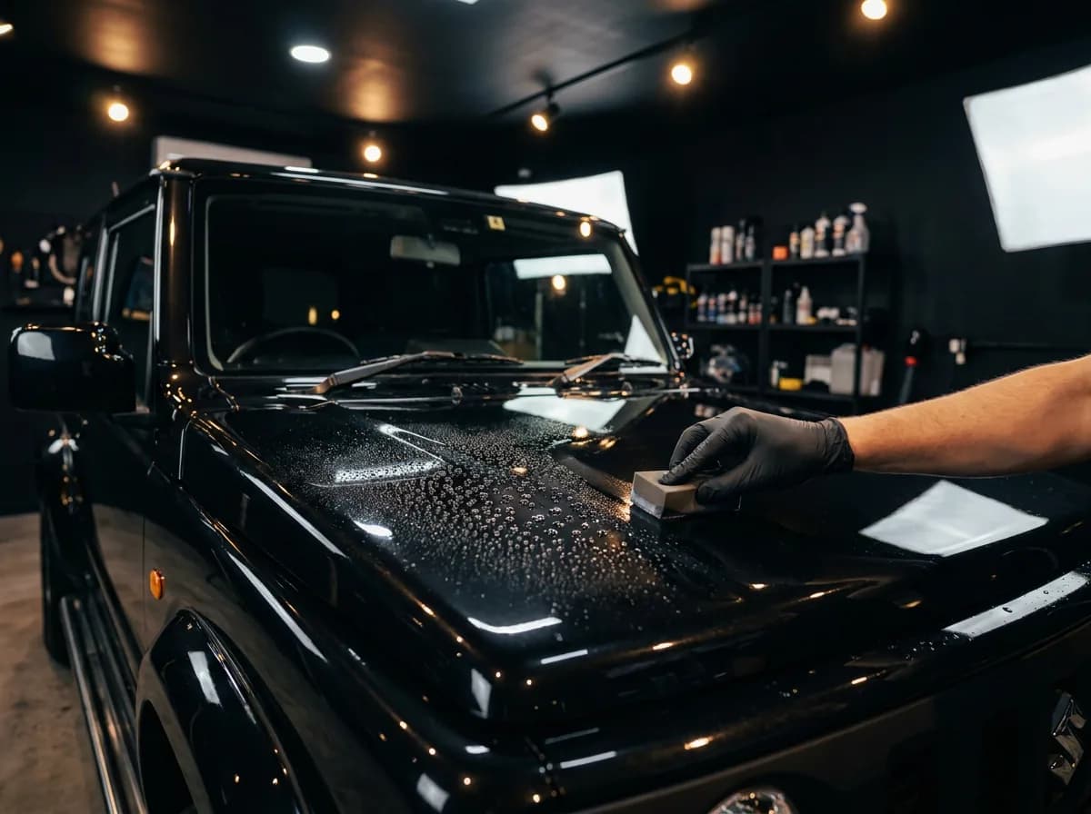 Ceramic coating being applied to a ute bonnet